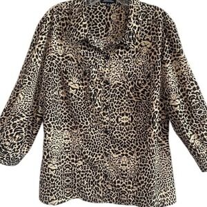 Notations Women's Animal Leopard Print 3/4 Sleeve Button Up Blouse XL